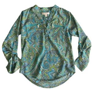 Womens Michael Kors Vneck Blouse Top Size XS Paisley Green Blue MK Classy